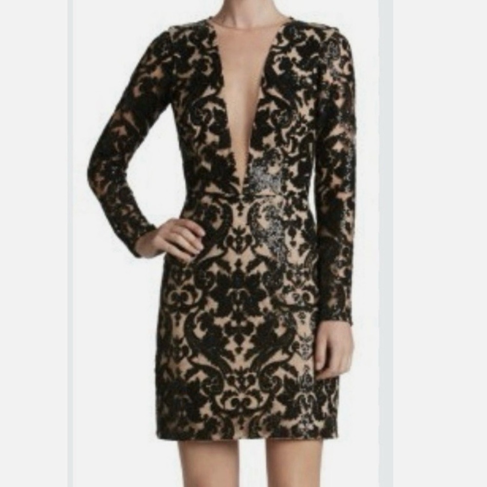 Dress the Population Black and Cream Long Sleeve Dress